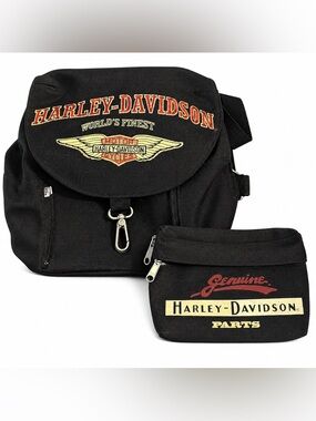 Vintage Harley-Davidson Backpack w/ Matching Pouch Black Logo Bag